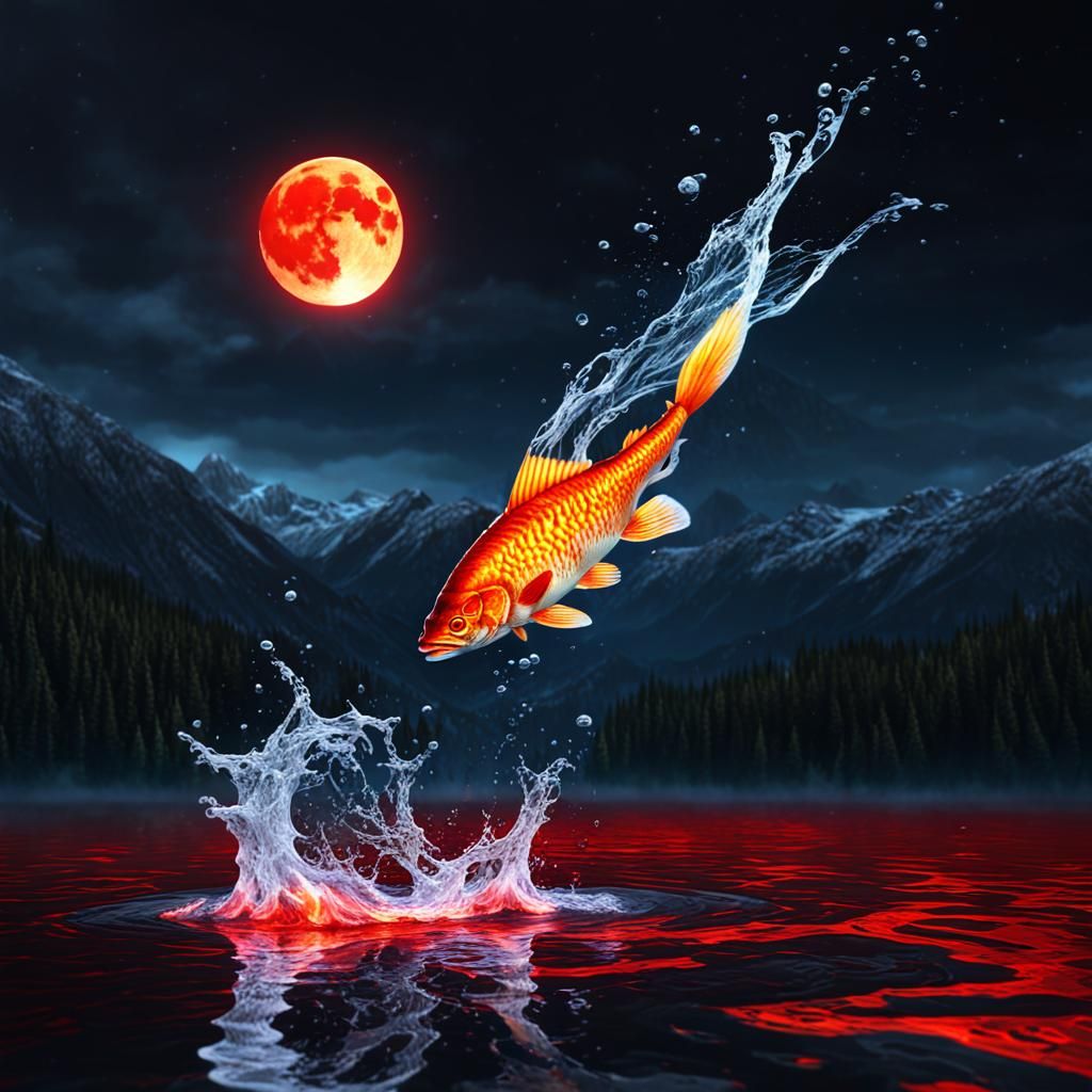 Flaming Fish Leaping on Blood Moon Night