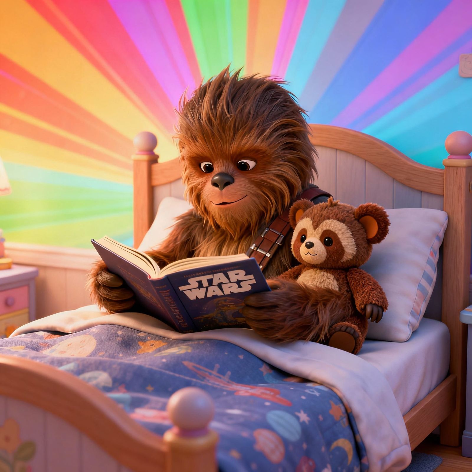 Adorable Wookiee Reads to Teddy Bear in Cozy Bedroom