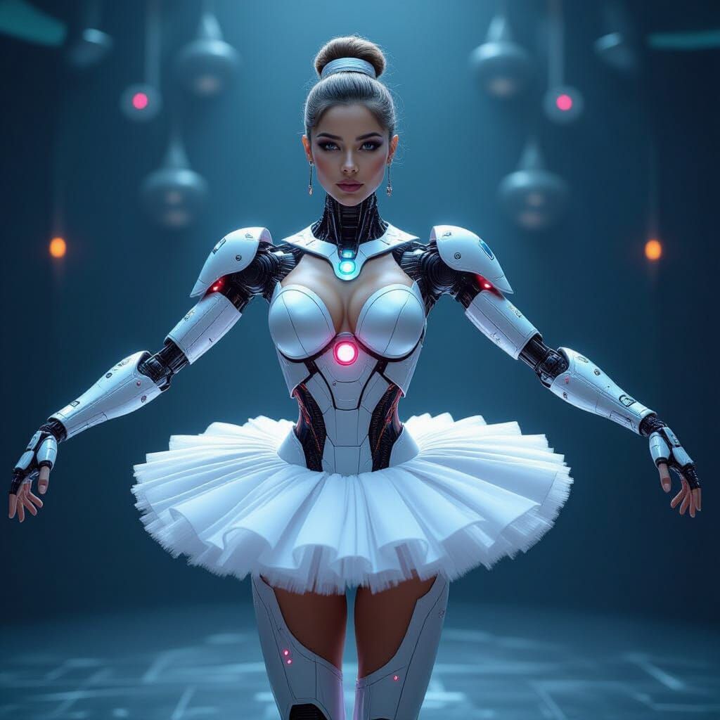 Robotic Ballerina in Cyberpunk Cityscape