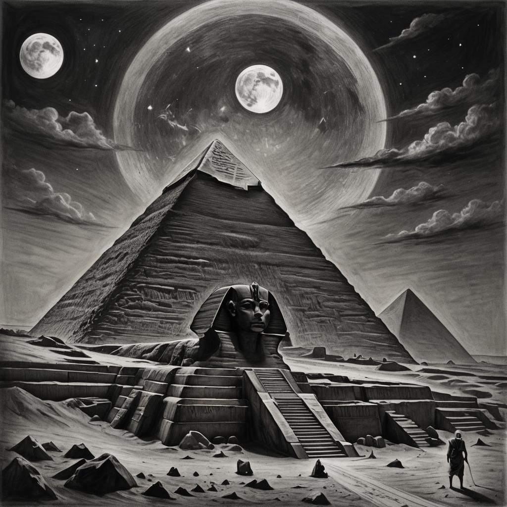 Mysterious Egyptian God in Charcoal Drawing