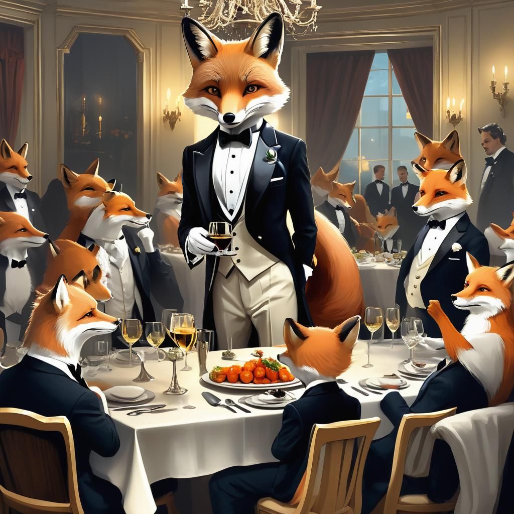 An anthropomorphic fox wearing a tuxedo at a dinner party.