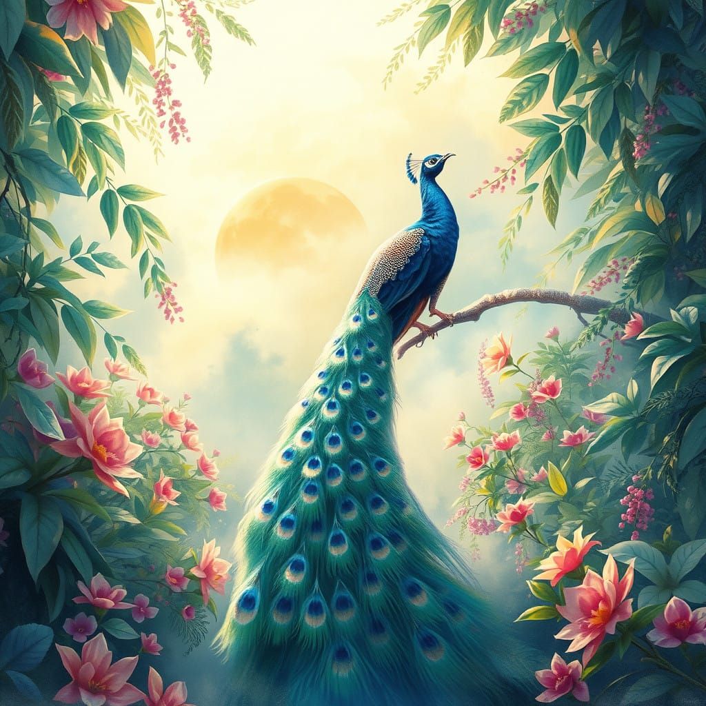 Watercolor Paradise with Majestic Peacock in Heavenly Garden