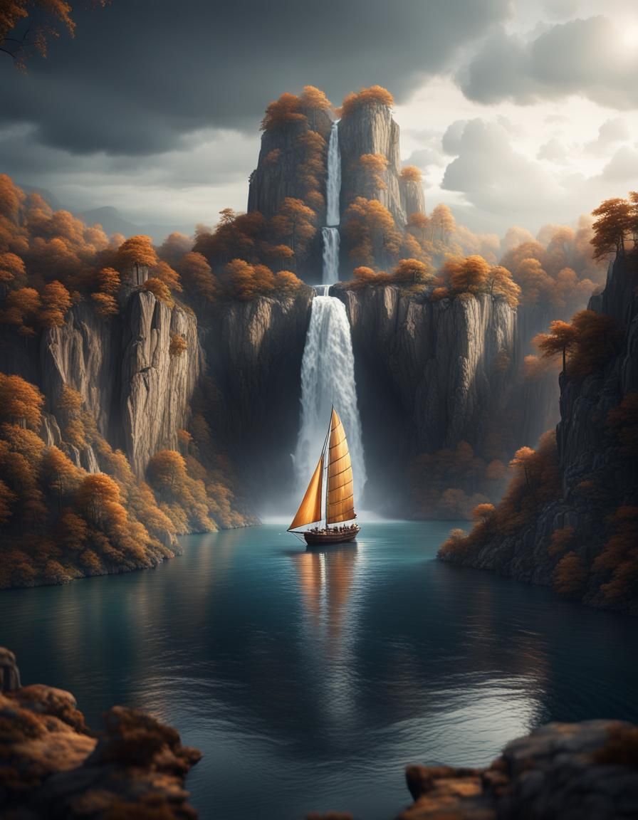 Fantastical Nutshell Sails Over Waterfall: Concept Art