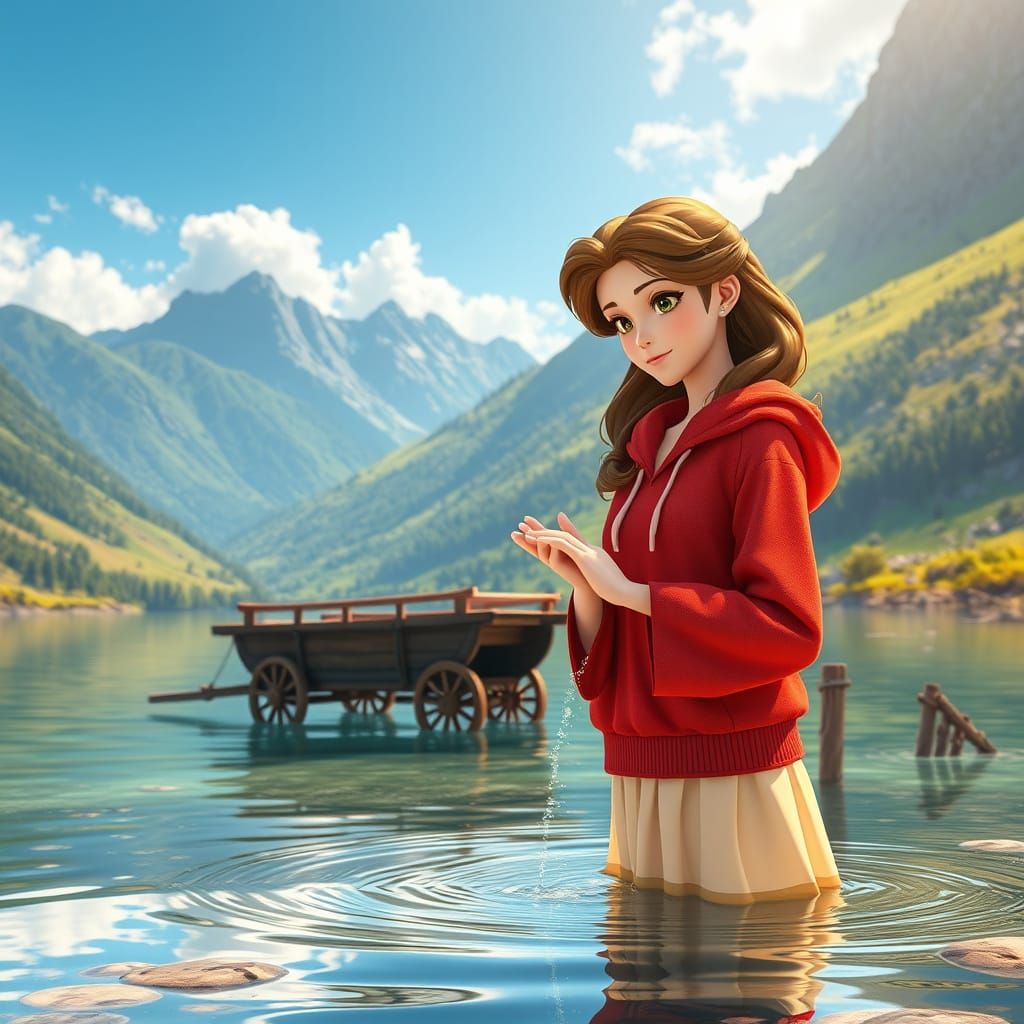 Elegant Belle in Red Hoodie Beside Submerged Chariot in Sere...