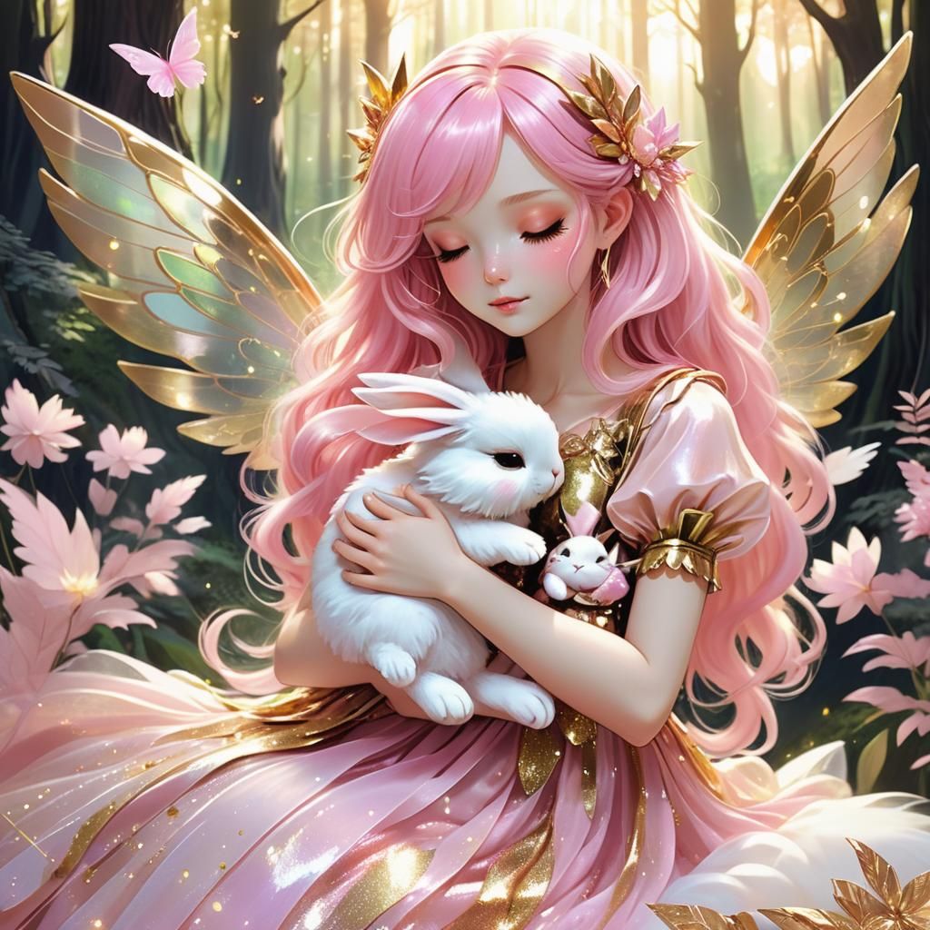 Pastel Fairy with Bunny in Enchanted Forest