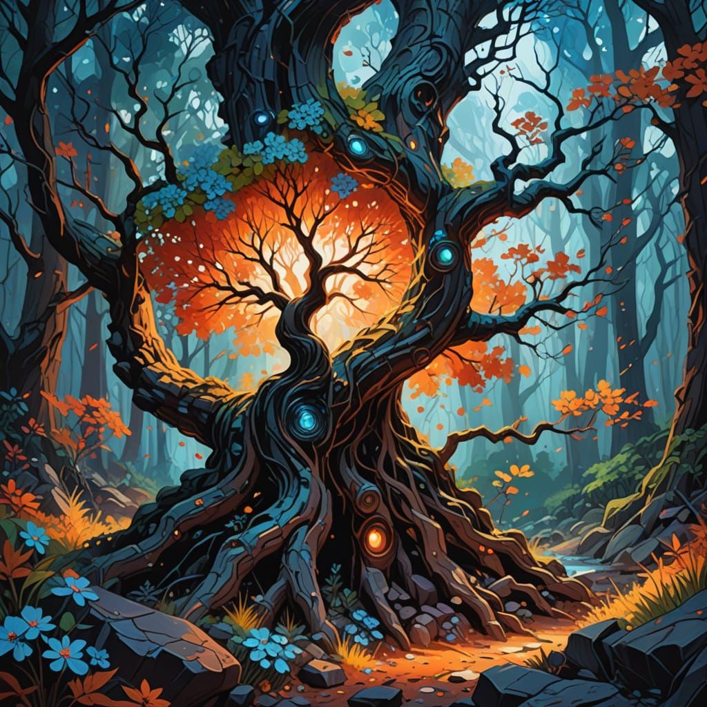 Glowing Tree in a Surreal Pop Art Forest
