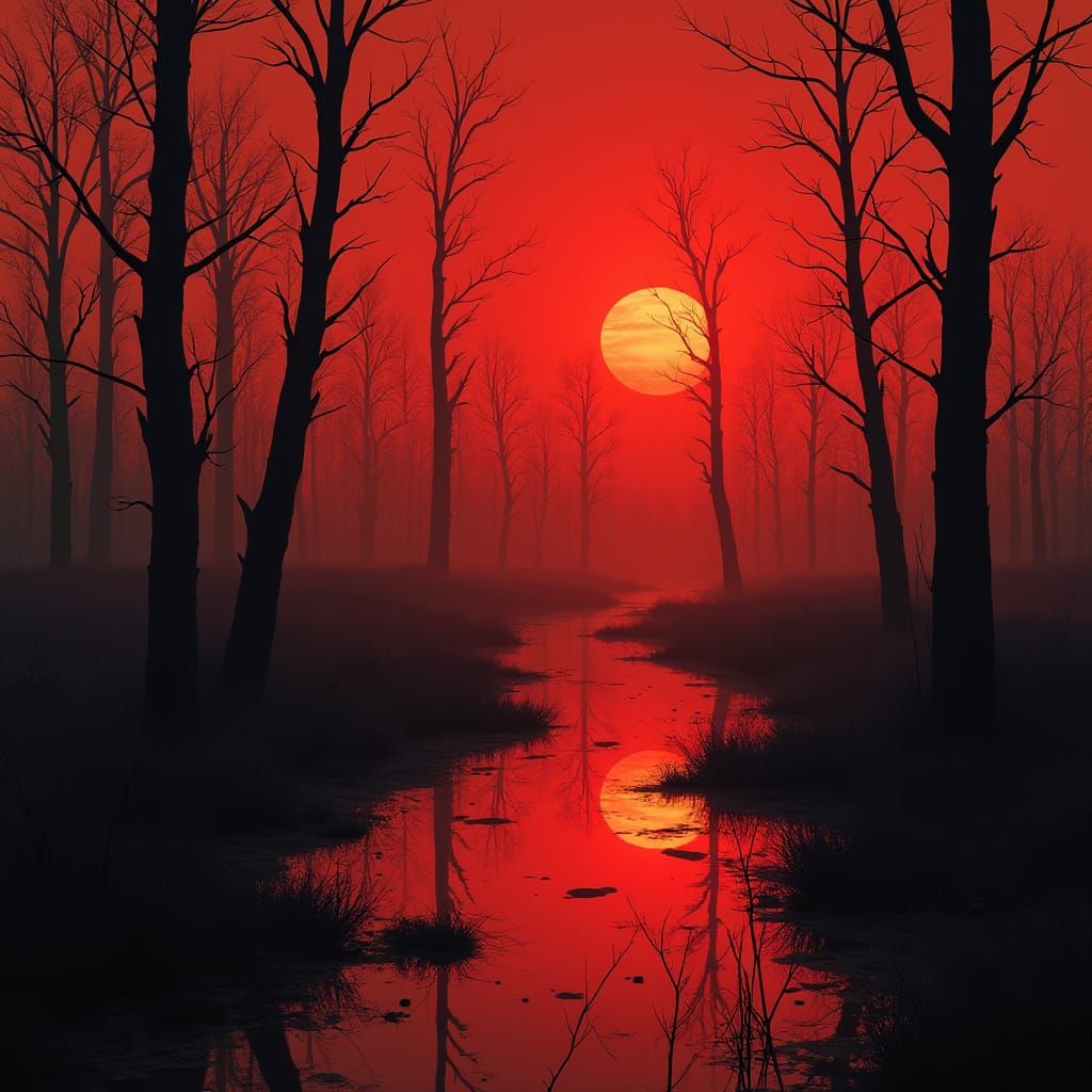 Blood-Red Sunrise over Barren Swamp in Photorealistic Style