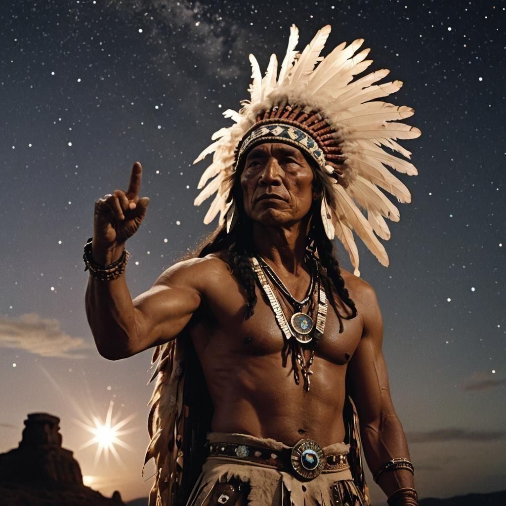 Native American Man Under Lightning Stars