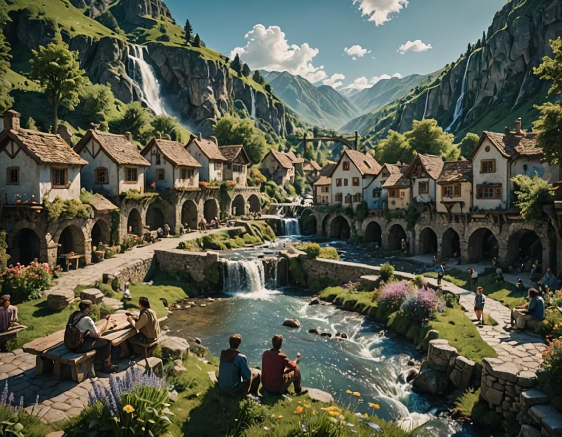 Mountain Village Square with Waterfalls and Aqueduct