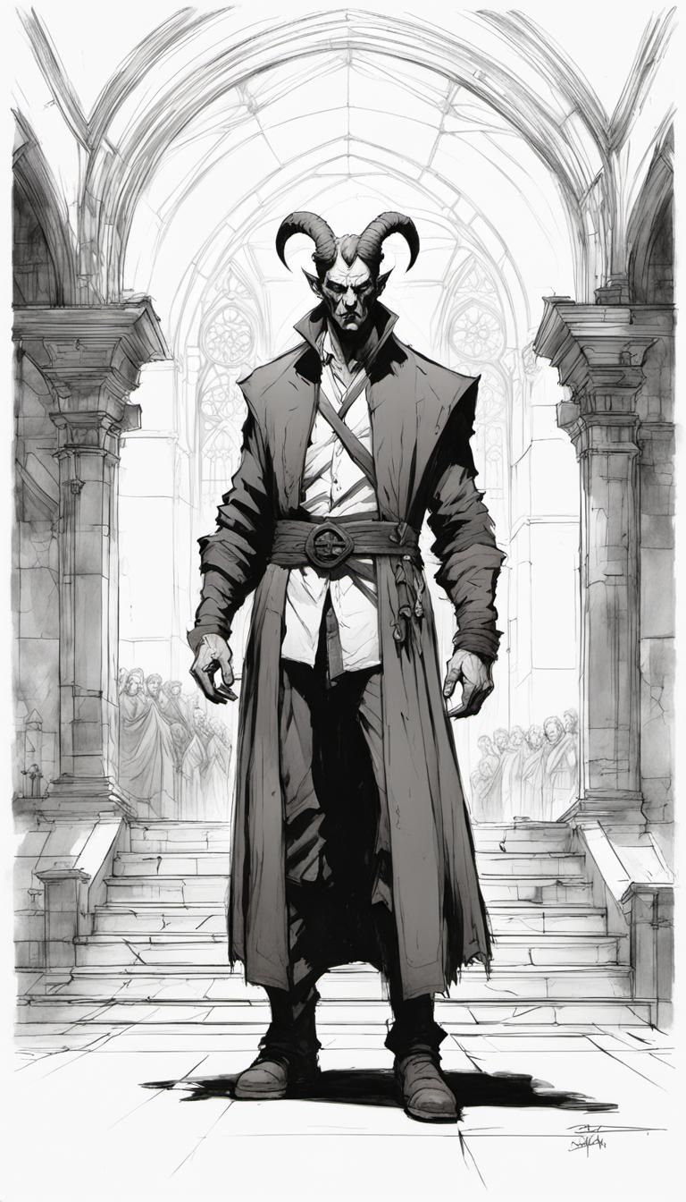 Horror+shin hangar:"Satan as a young man." cel-shaded romanesque, pencil sketched. By Pino Daeni,Brain Azzarello, Jordan...