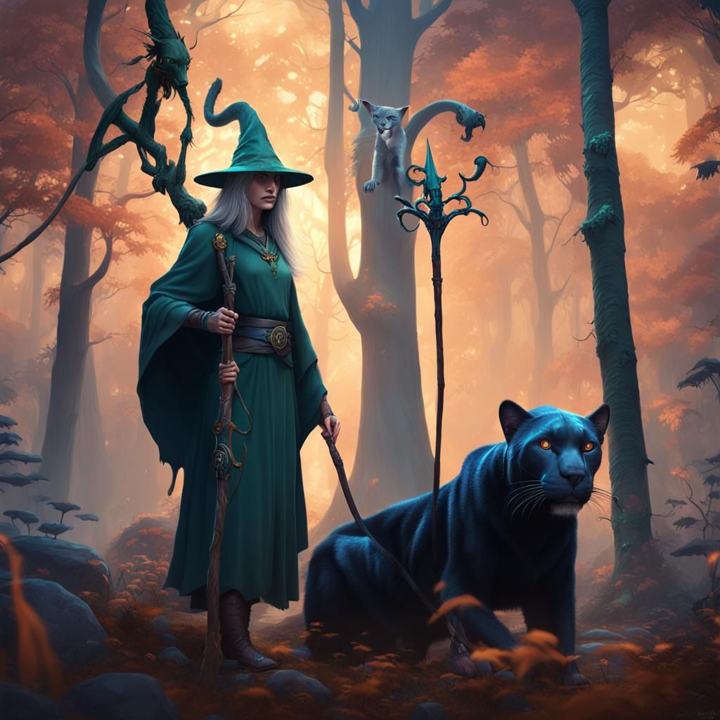Druid and Panther in Enchanted Forest: Matte Painting