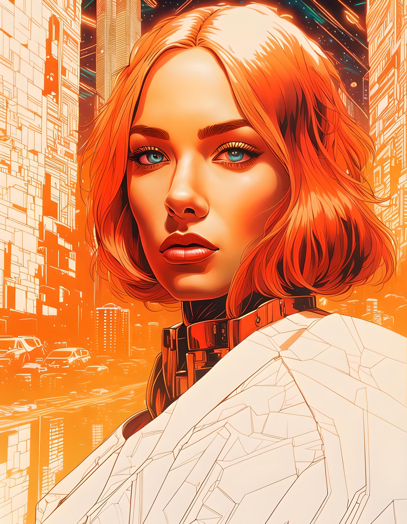 Woman in Neon Cityscape, Hyperrealistic Style