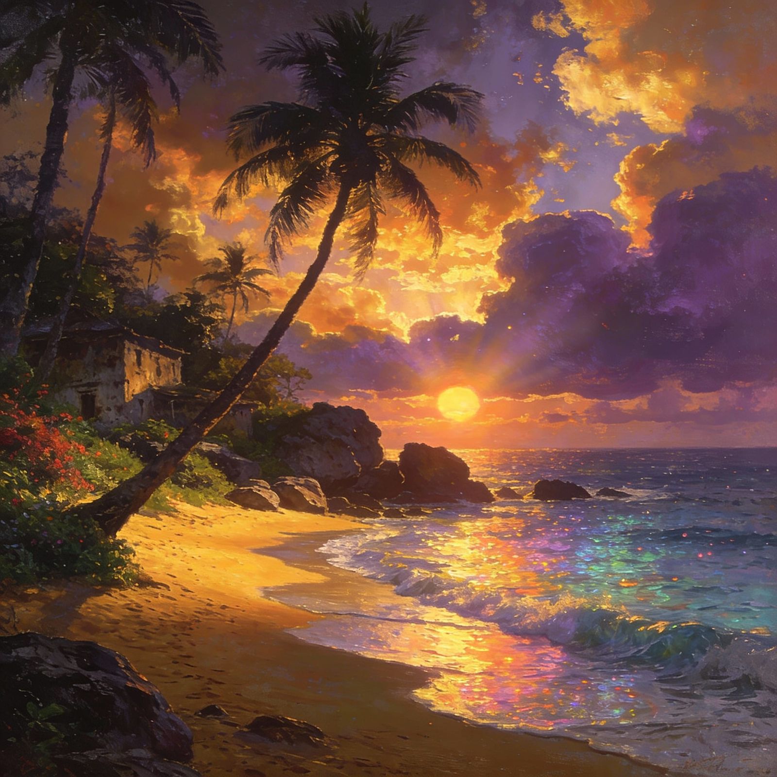 Tropical Beach Sunset Digital Matte Painting