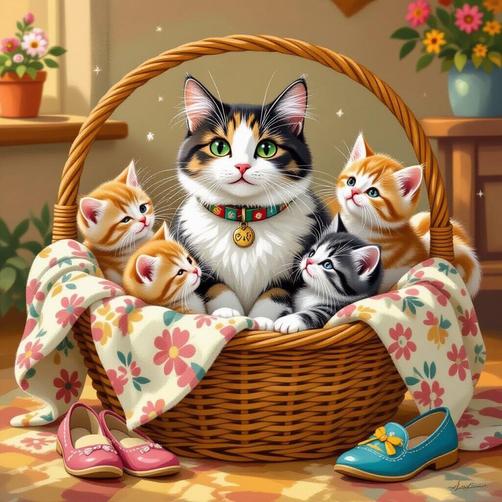 Cozy Mother Cat and Kittens Playing in Basket