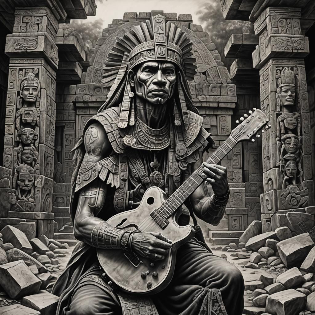 Mayan Heavy Metal Guitarist in Ancient Ruins
