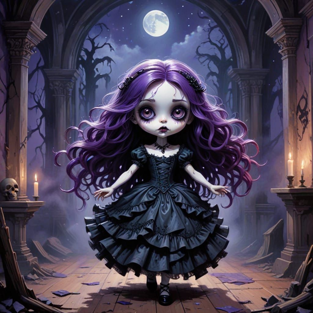 Gothic Chibi Dancer in Tattered Victorian Mourning Attire