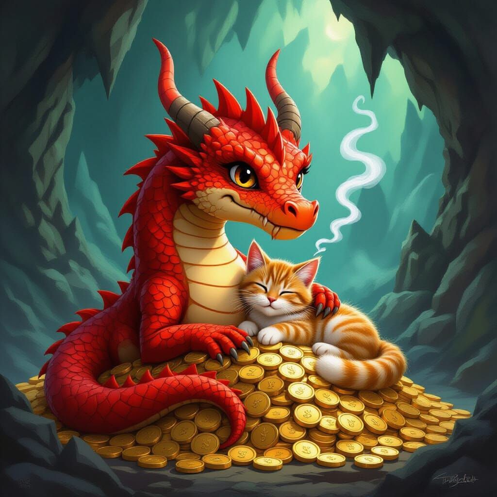 Red Dragon Cuddling Cat in Fantasy Art Style