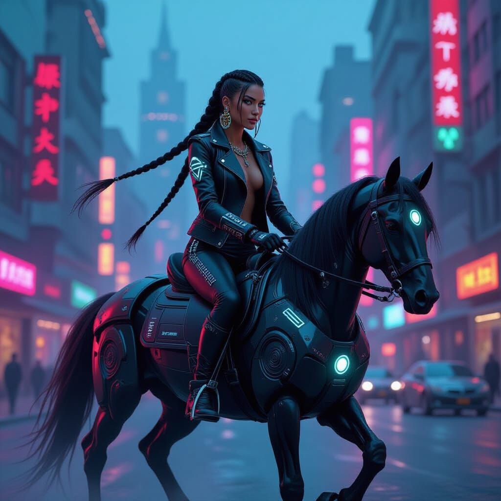 Cyberpunk Native American Woman on Robotic Horse
