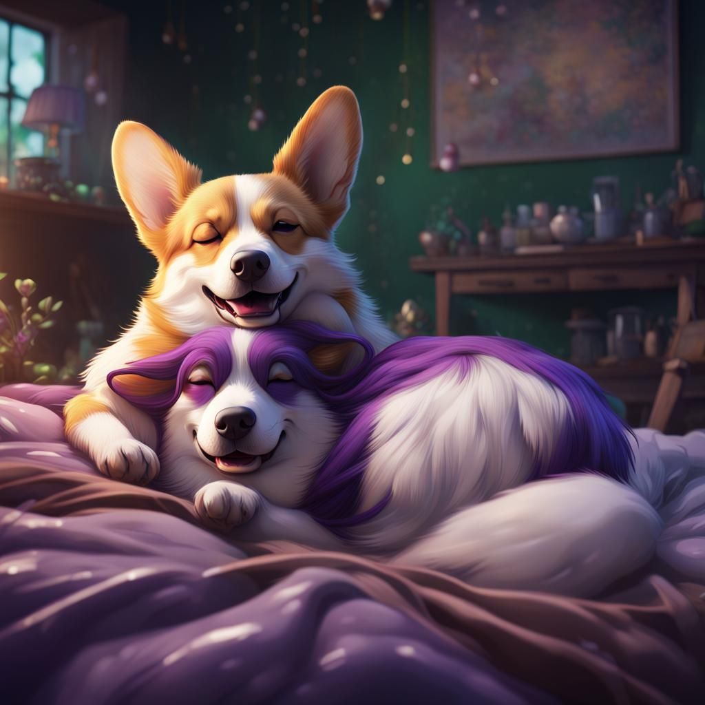 Corgi and Girl Sleeping: Detailed Matte Painting