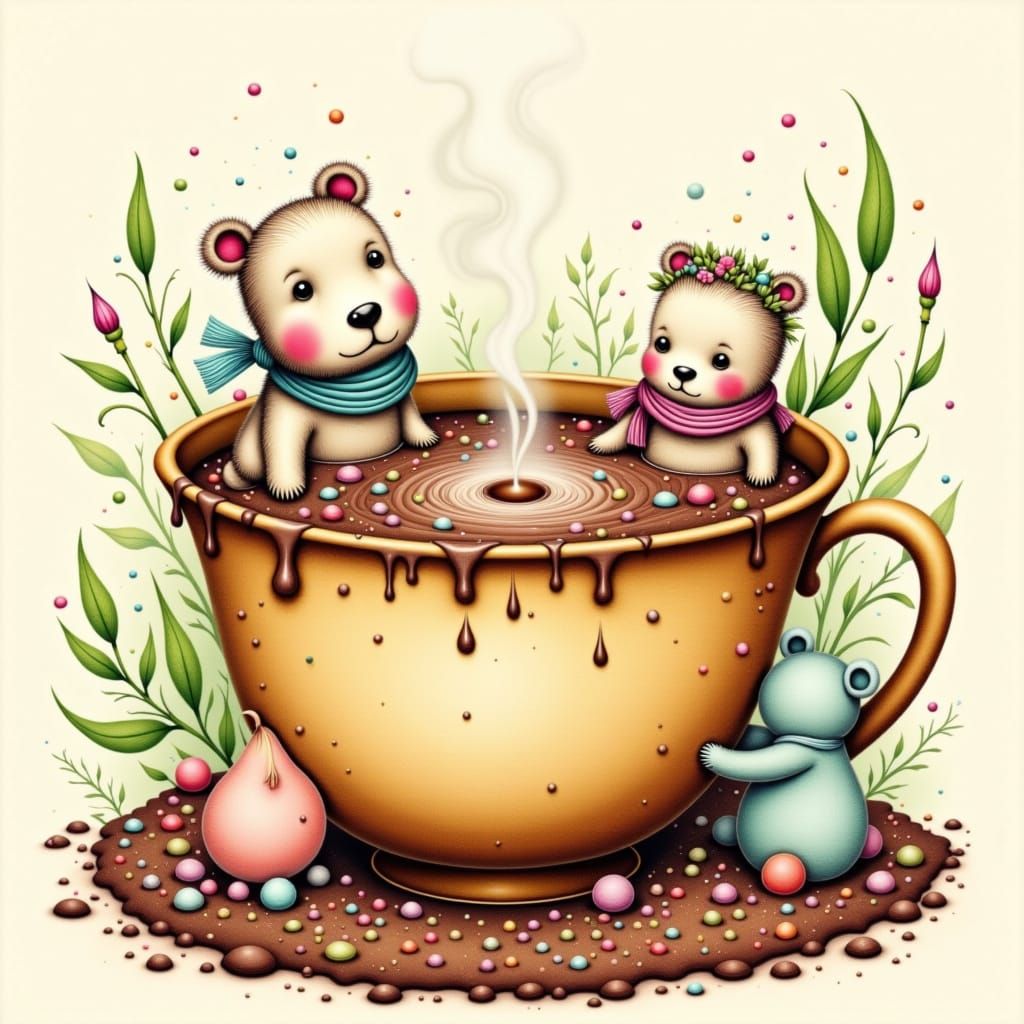 Marshmallow Bears Enjoying Hot Chocolate Spa Day
