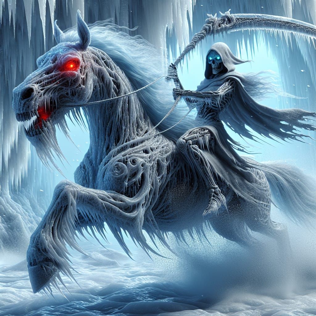 Grim Reaper Rides Icy Demon Horse Through Frozen Landscape