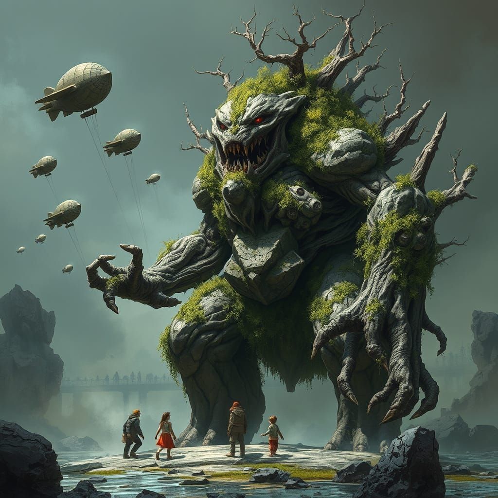 Earthy Monster Shields Children from Bombs, Ominous Art