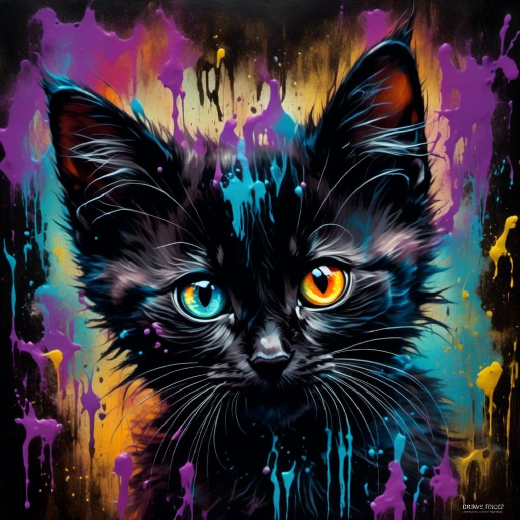 Fierce Black Kitten Roars in Glowing Triadic Hues