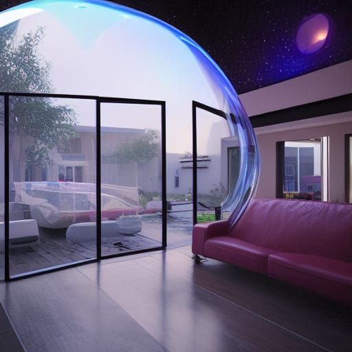 Home in Soap Bubble Amidst Cyberpunk Space
