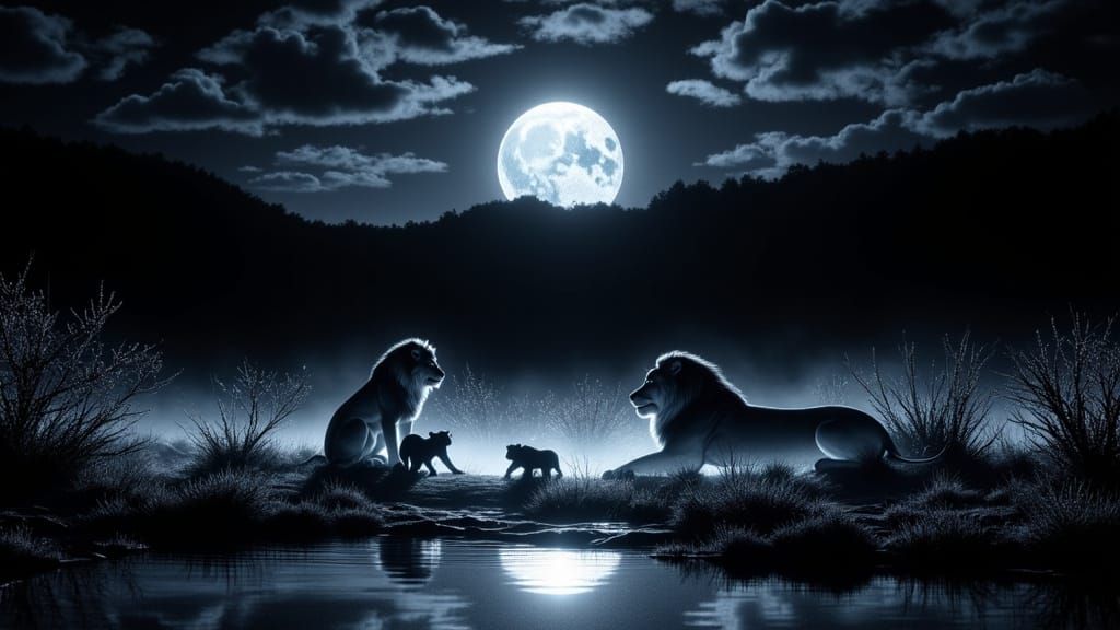 Lions Under Moonlight: A Photorealistic Family Portrait