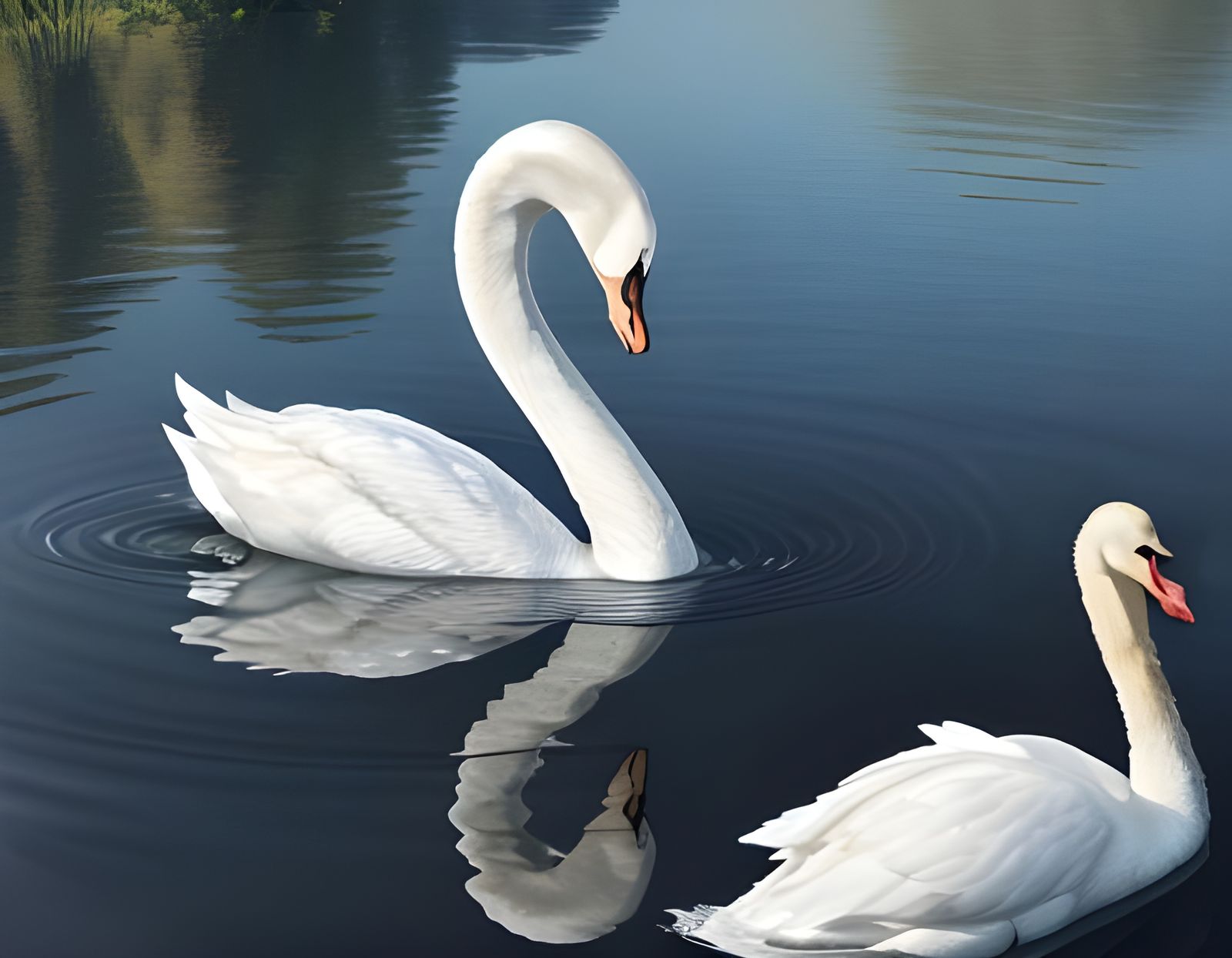 A white swan in a lake looking down at his refection in the ...