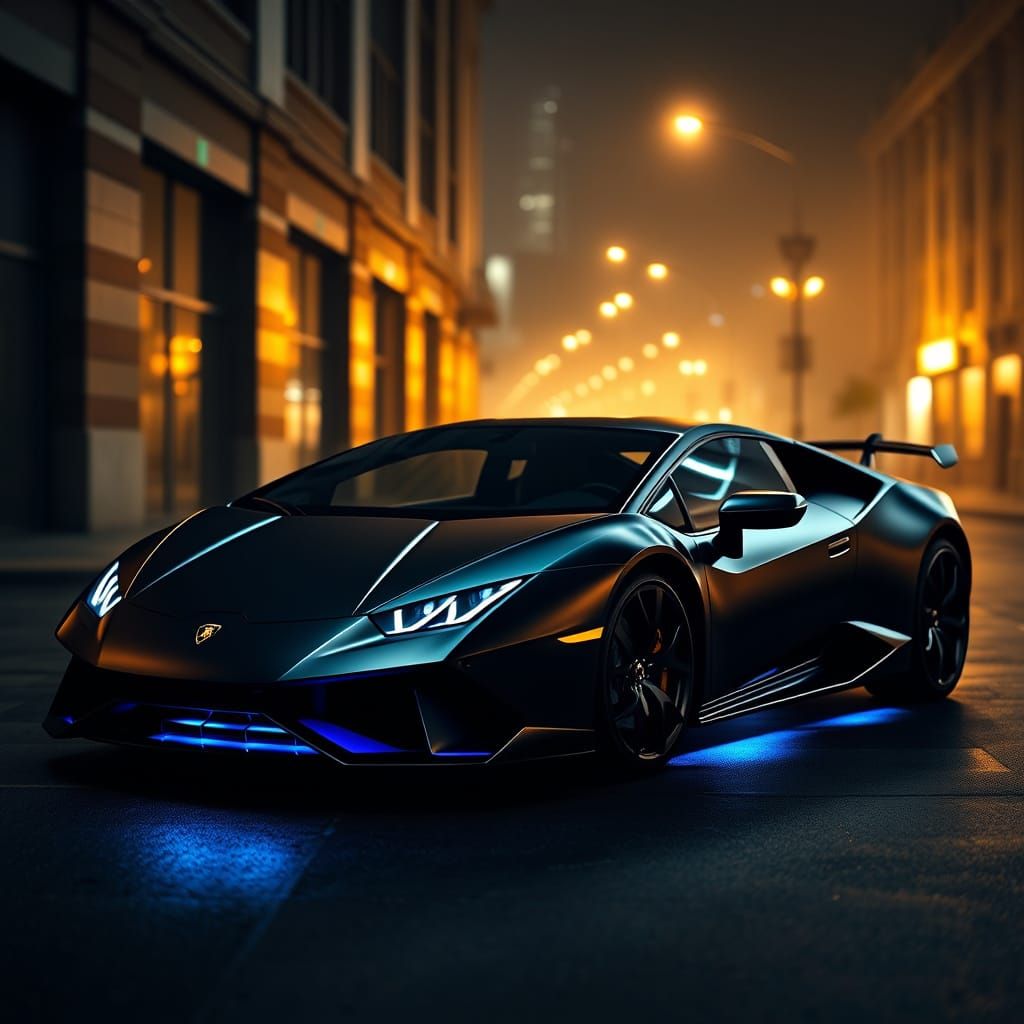Luxury Sports Car Illuminated in Electric Blue at Night