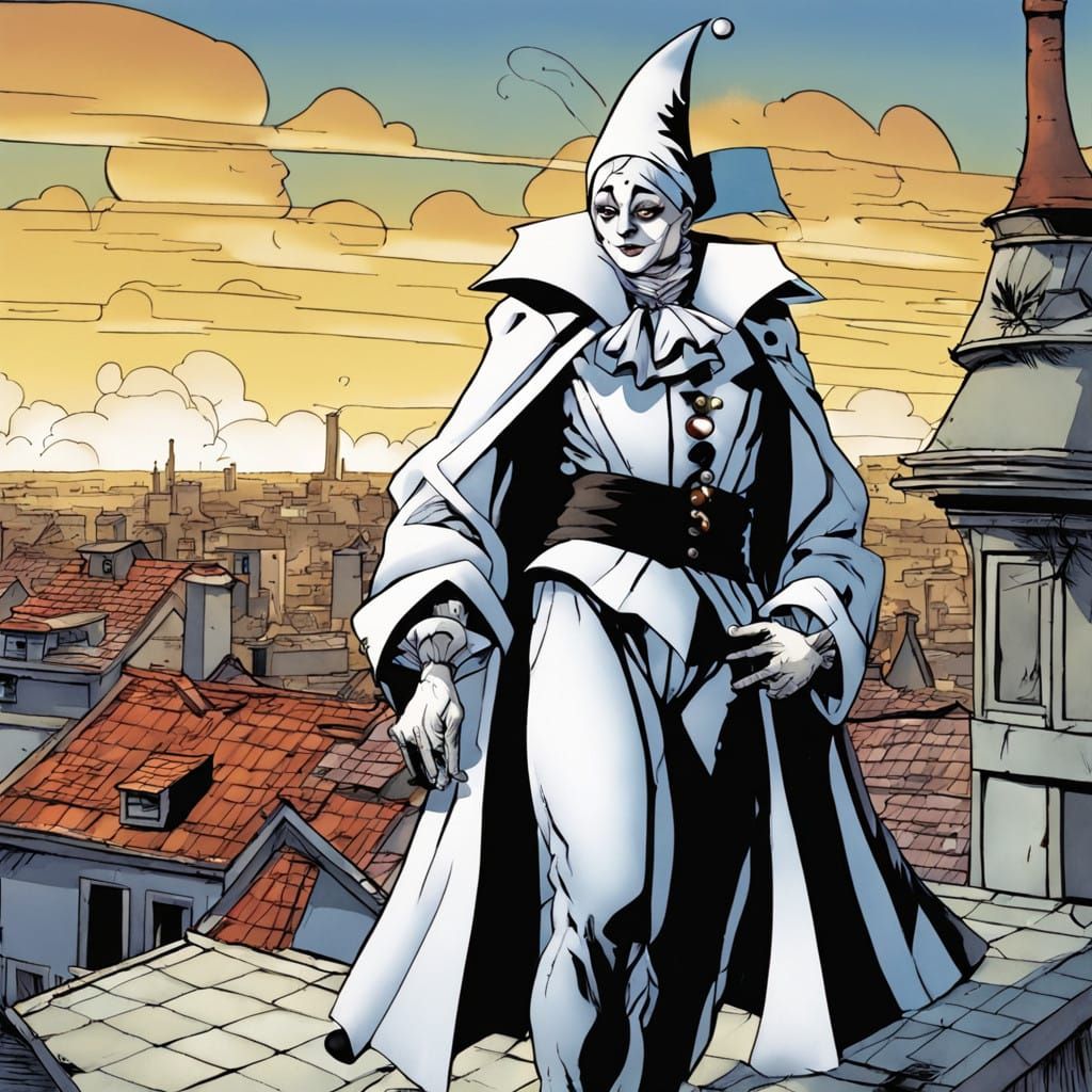 Ethereal Pierrot on a Moonlit Rooftop in Cel-shaded Comic Ar...