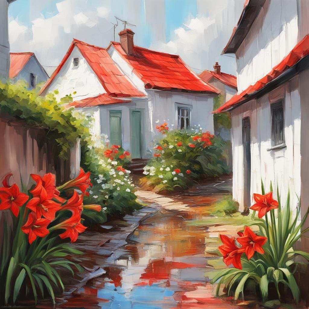Cozy Cottage and Amaryllis in Impasto Painting Style