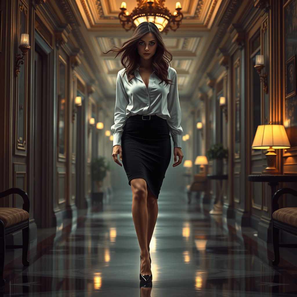 Brunette in Dreamlike Office Hallway, Matte Painting