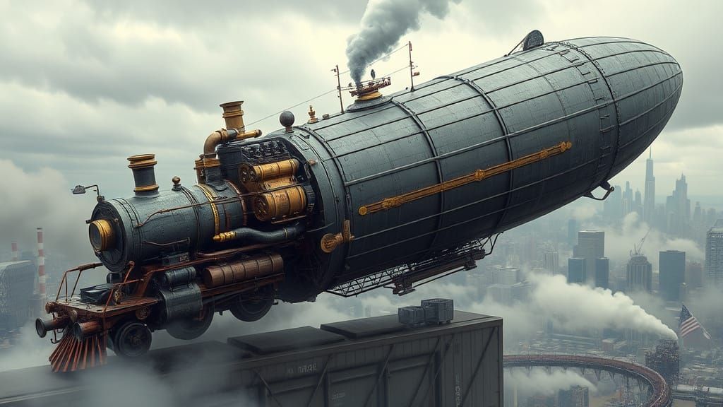 Steampunk Airship Locomotive in Industrial Futurist Style