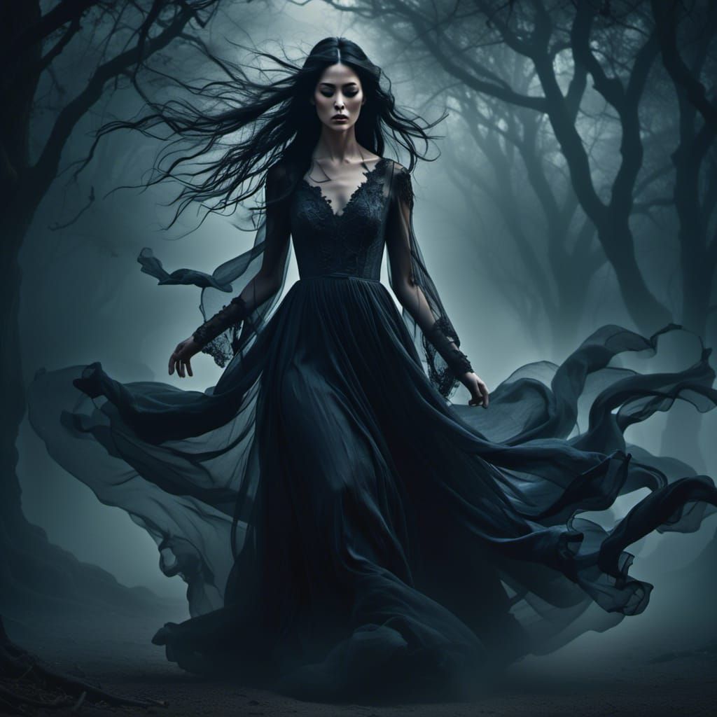 Eerie Woman with Flowing Hair in Gothic Style
