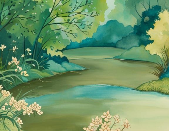 Lazy River with Summer Trees in Watercolor Style
