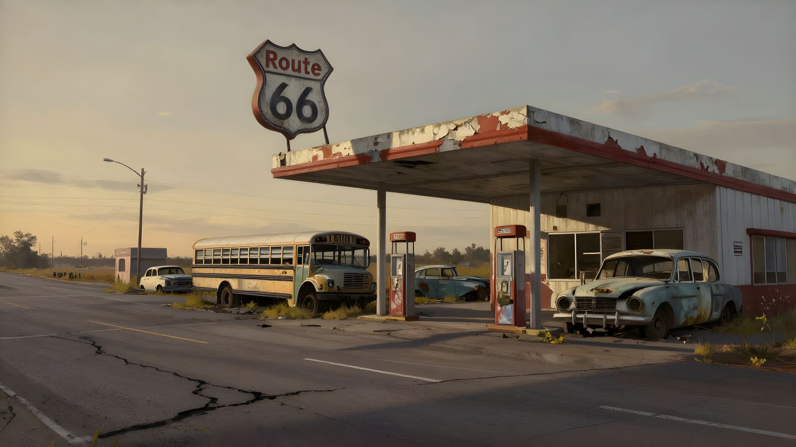 Abandoned Route 66 Gas Station with Wrecked School Bus