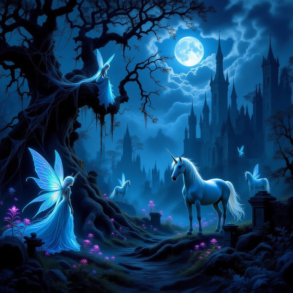 Gothic Fantasy Landscape with Fairies and Unicorns