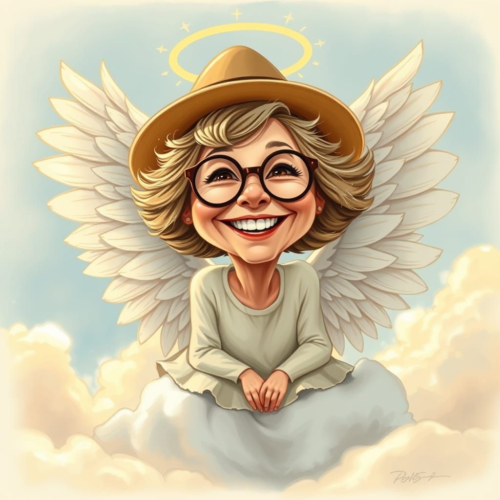 Joyful Diane Keaton Angel Caricature in Heaven