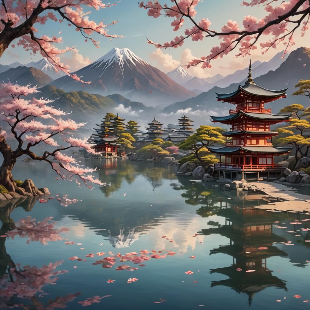 Sakura Tree on Lake with Japanese Temples