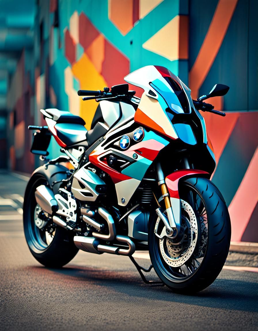 BMW Motorcycle with Vibrant Sci-Fi Illustration