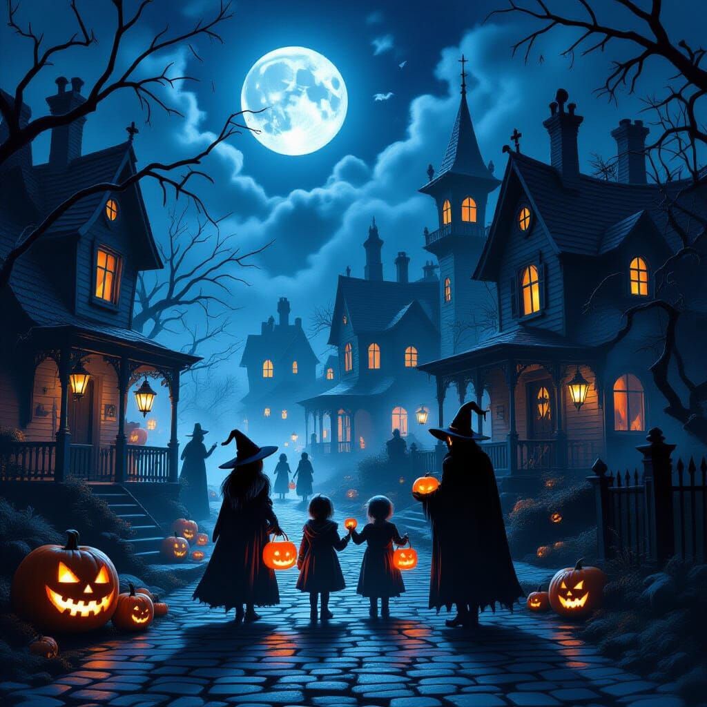 Eerie Halloween Night Scene with Ghoulish Trick-or-Treaters