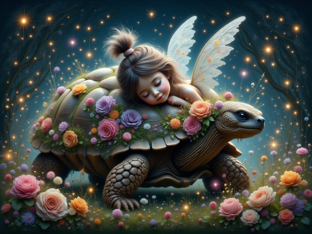 Whimsical Fairy Girl and Her Oversized Tortoise Companion