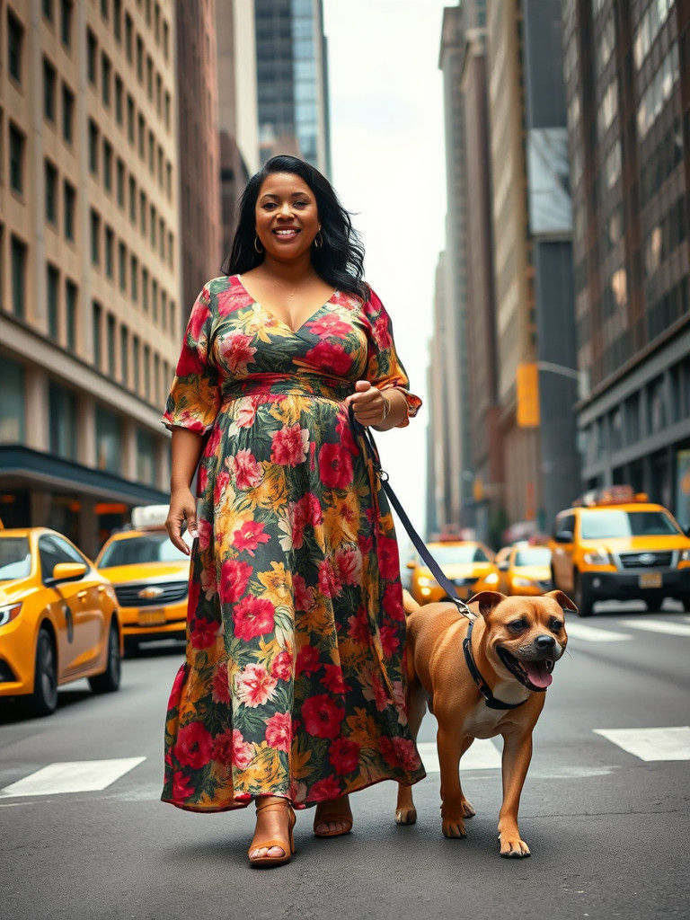 Woman Walking Dog in New York City Street Scene