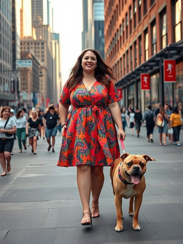 Woman and Dog Stroll in Vibrant Cityscape