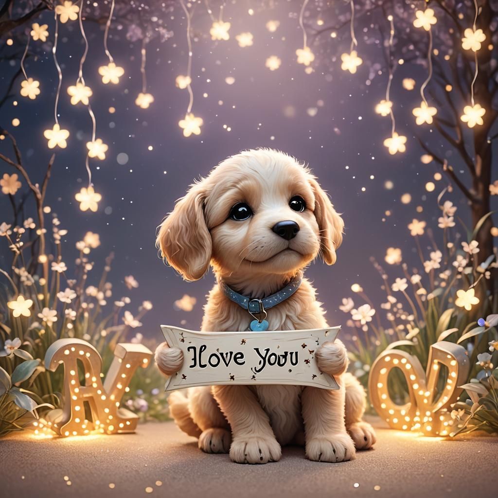 Puppy Holds I LOVE YOU Sign in 3D Whimsical Art