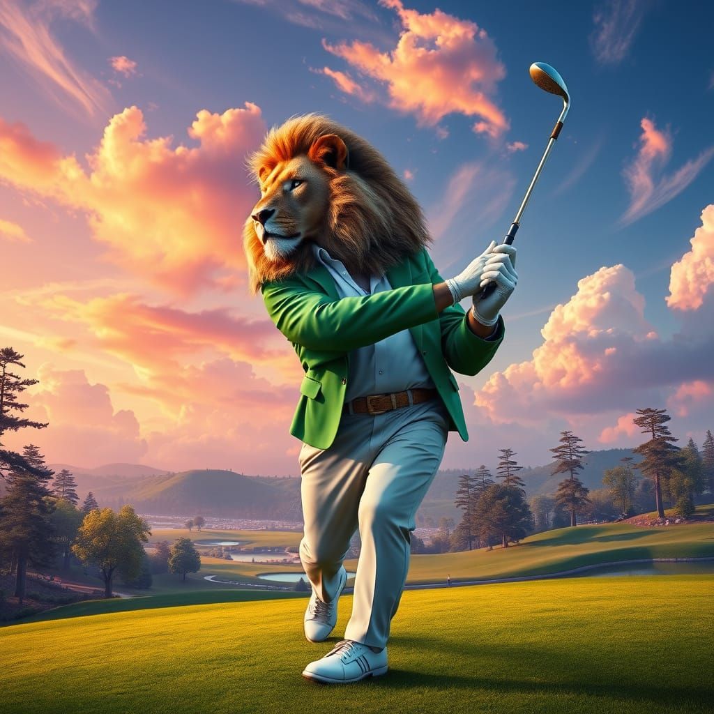 Lion Golfing in Vibrant Fantasy Landscape