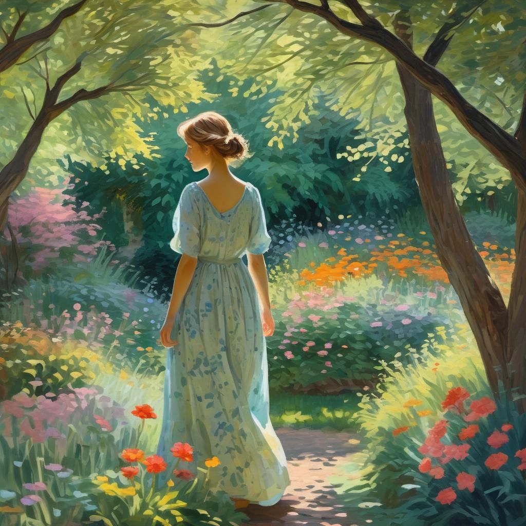 Woman in Garden in Impressionist Gouache Style