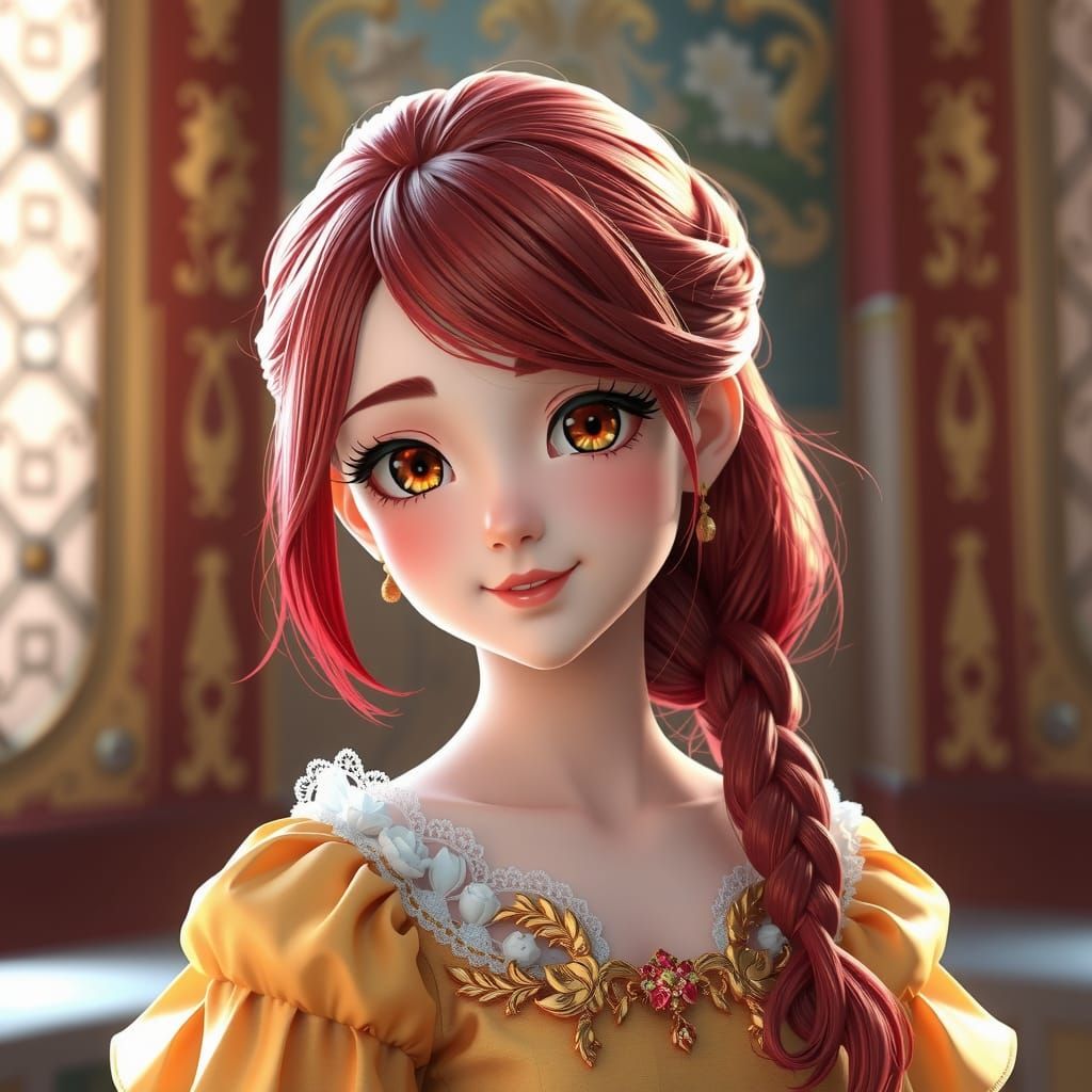 Anime Style Portrait of Red-Haired Girl in Gown
